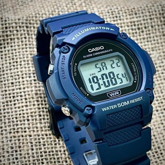 Montre Homme Casio - Style sportif, étanche, alarme, éclairage LED - Résine - Bleu - W-219H-2AVEF