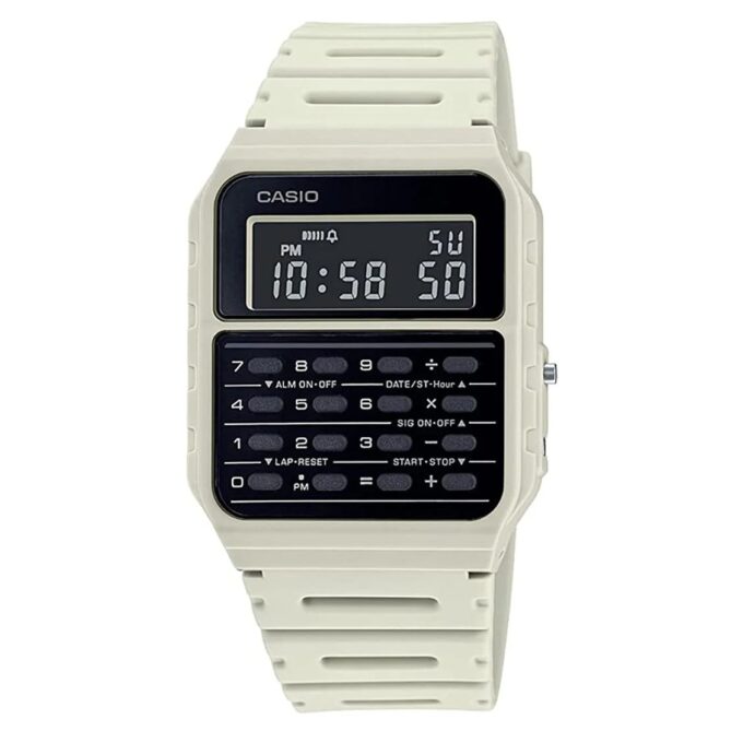 montre calculatrice casio ca 53wf 8bdf unisexe quartz, double fuseau horaire, alarme, chronomètre résine blanc ca 53wf 8bdf