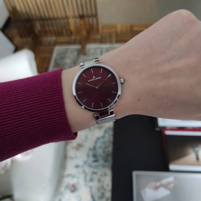 Montre femme habillée Jacques Lemans Milan - Quartz, acier brossé/poli, cadran rouge, Ø34mm, étanche 5ATM - 1-2110E