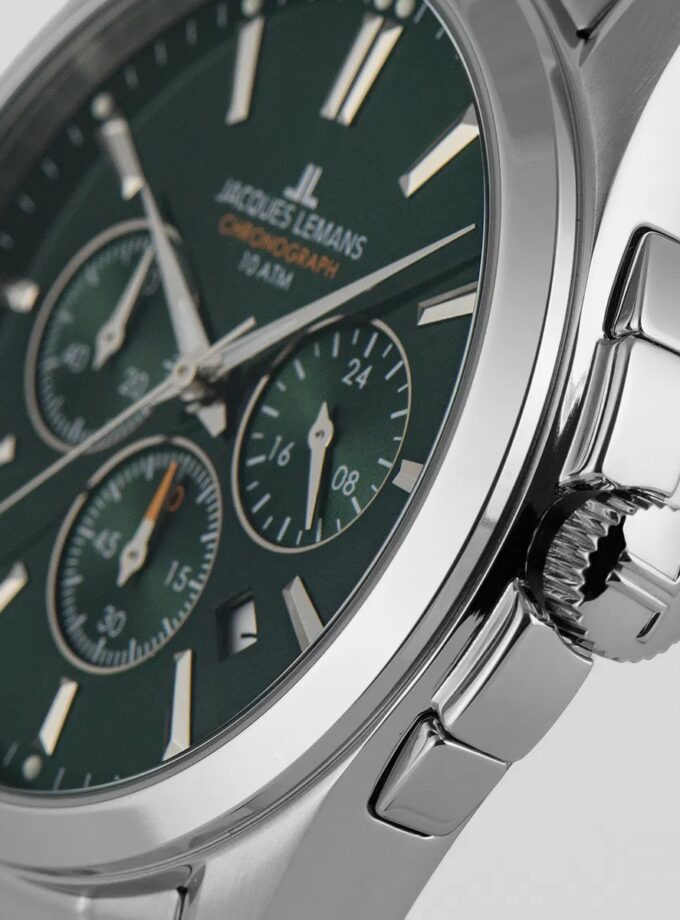 montre chronographe homme jacques lemans derby 1 1945.1f – quartz, acier inoxydable, cadran vert, bracelet argent, étanche 10 bar, verre minéral, date – garantie 2 ans
