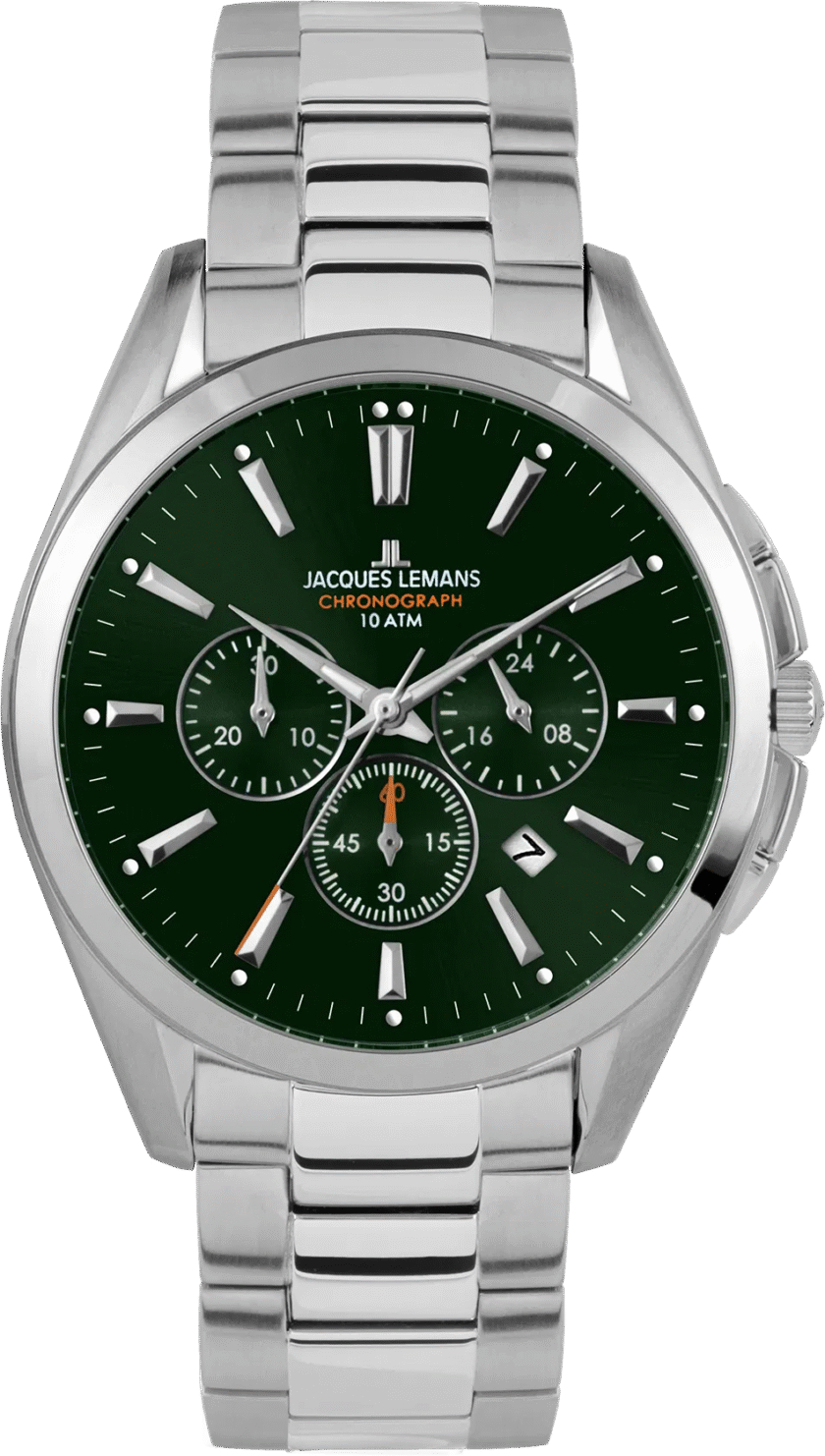 montre chronographe homme jacques lemans derby 1 1945.1f – quartz, acier inoxydable, cadran vert, bracelet argent, étanche 10 bar, verre minéral, date – garantie 2 ans