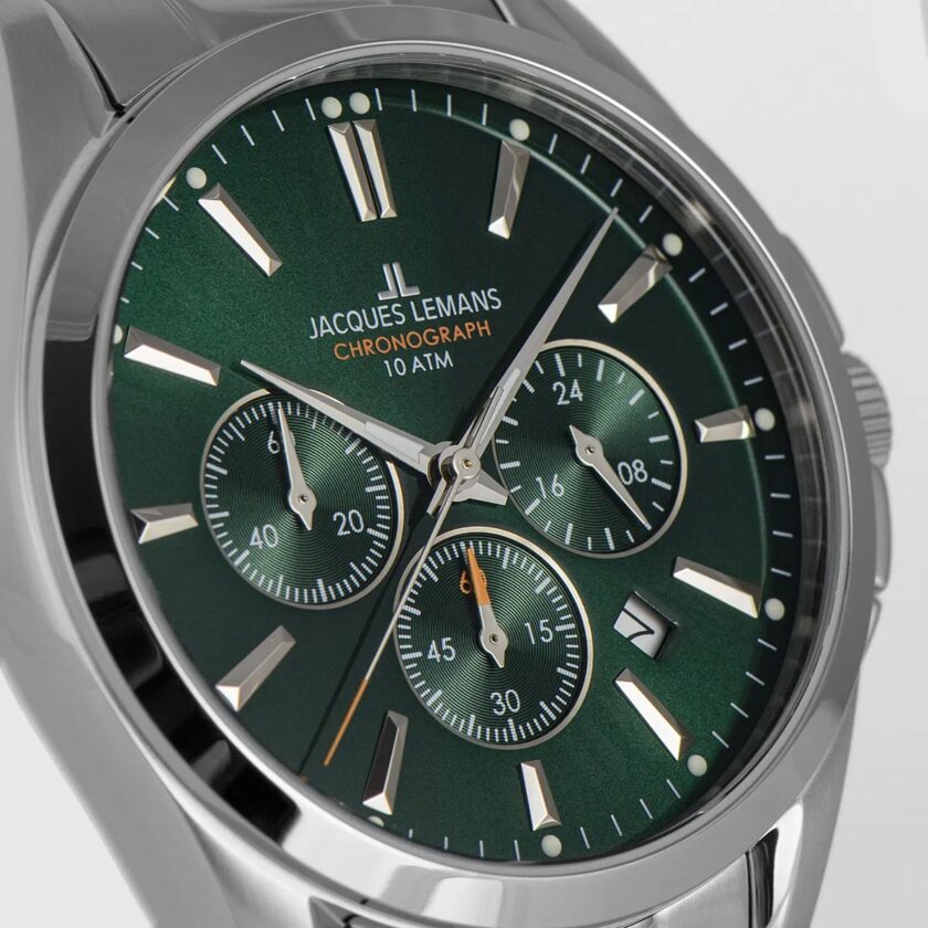 montre chronographe homme jacques lemans derby 1 1945.1f – quartz, acier inoxydable, cadran vert, bracelet argent, étanche 10 bar, verre minéral, date – garantie 2 ans