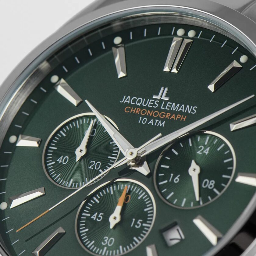 montre chronographe homme jacques lemans derby 1 1945.1f – quartz, acier inoxydable, cadran vert, bracelet argent, étanche 10 bar, verre minéral, date – garantie 2 ans