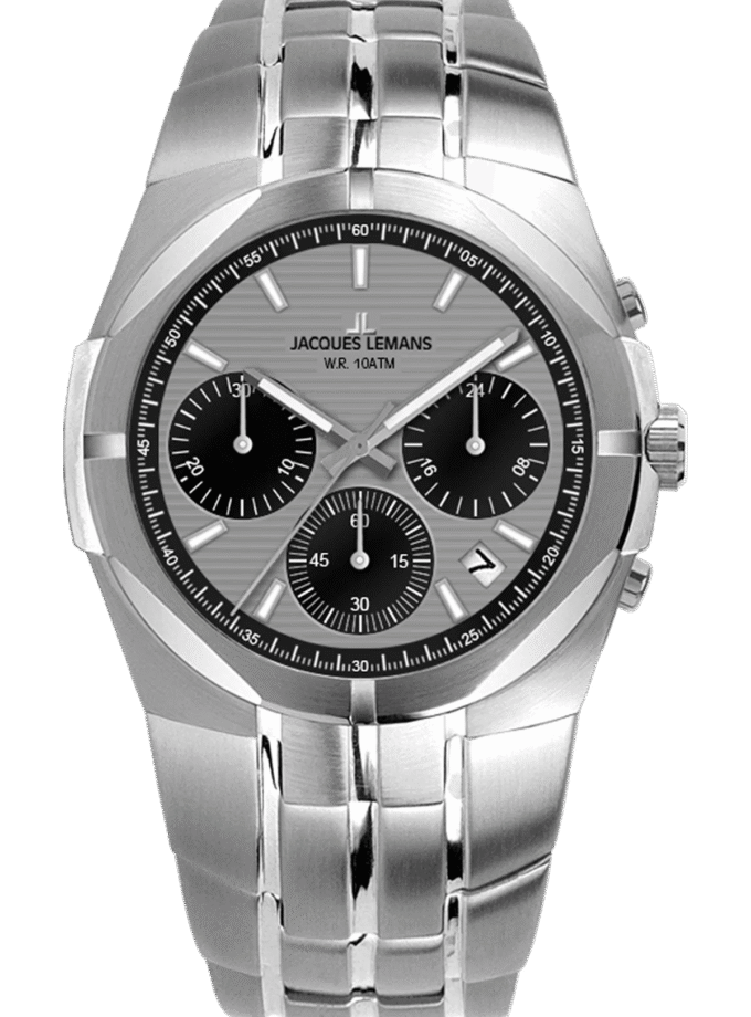montre femme jacques lemans melbourne 1 2183a – quartz, chronographe, acier brossé/poli, cadran gris luminescent, verre saphir, 37 mm, 10 atm