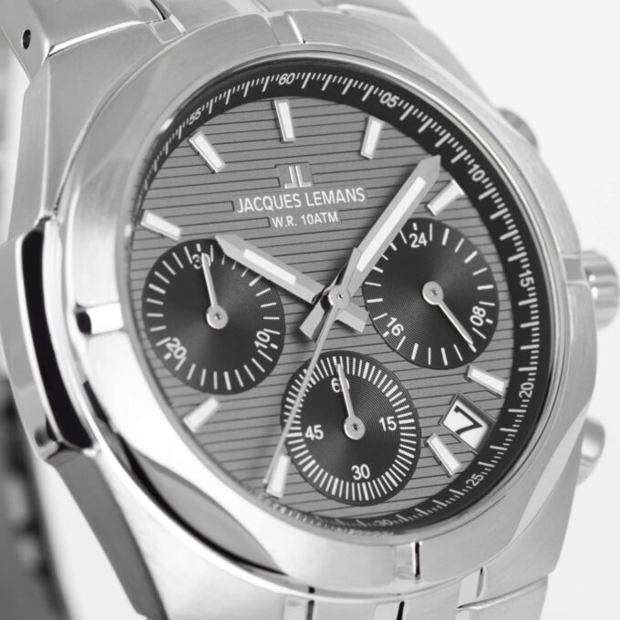 Montre femme Jacques Lemans Melbourne 1-2183A – Quartz, Chronographe, Acier brossé/poli, Cadran gris luminescent, Verre saphir, 37 mm, 10 ATM