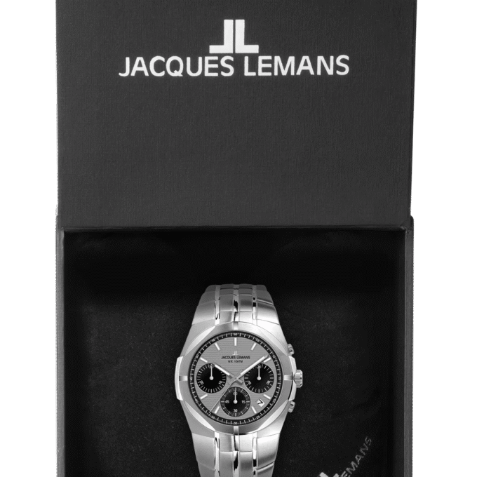 Montre femme Jacques Lemans Melbourne 1-2183A – Quartz, Chronographe, Acier brossé/poli, Cadran gris luminescent, Verre saphir, 37 mm, 10 ATM