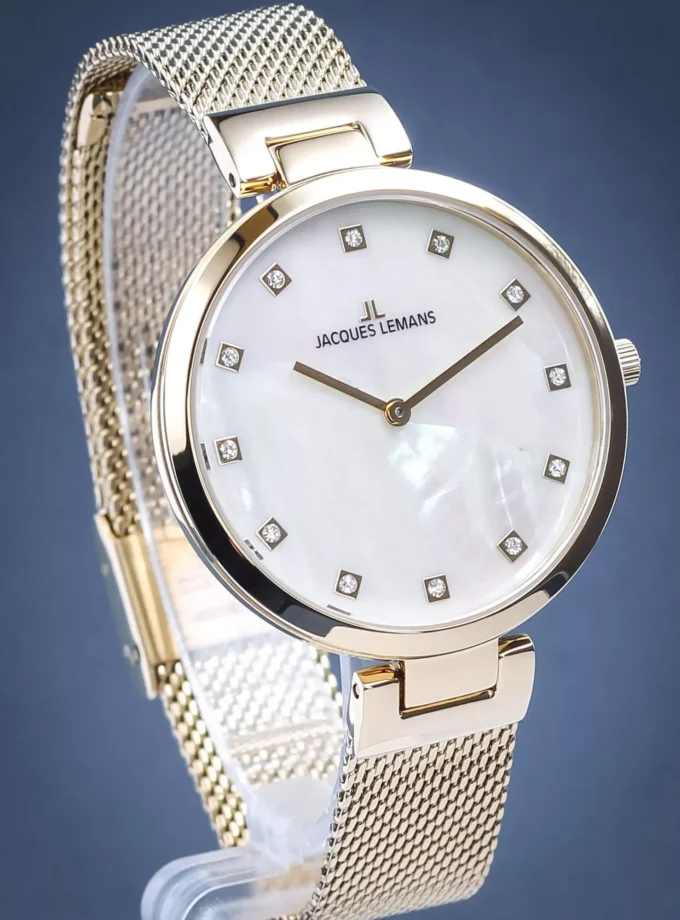 montre femme jacques lemans 1 2001d quartz acier inoxydable or, cadran perle, bracelet maille, étanche 50m, 36mm, garantie 2 ans, ean 4040662135982