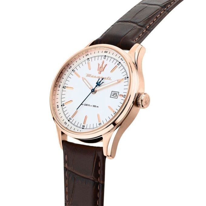 Montre Homme Maserati Sorpasso – R8851124002 – Bracelet en Cuir Véritable – Boîtier en Acier Inoxydable Or Rose – Cadran Argent Sunray – Résistante à l'Eau 10 ATM – 42 mm – Boucle Ardillon – Mouvement Analogique – Emballage d'Origine Maserati