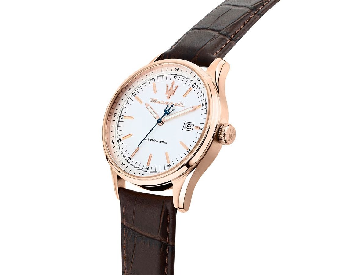 montre homme maserati sorpasso – r8851124002 – bracelet en cuir véritable – boîtier en acier inoxydable or rose – cadran argent sunray – résistante à l'eau 10 atm – 42 mm – boucle ardillon – mouvement analogique – emballage d'origine maserati
