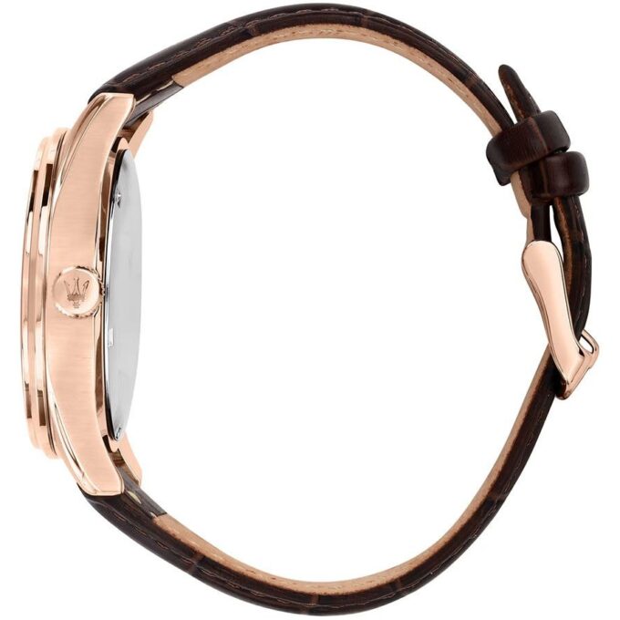 Montre Homme Maserati Sorpasso – R8851124002 – Bracelet en Cuir Véritable – Boîtier en Acier Inoxydable Or Rose – Cadran Argent Sunray – Résistante à l'Eau 10 ATM – 42 mm – Boucle Ardillon – Mouvement Analogique – Emballage d'Origine Maserati