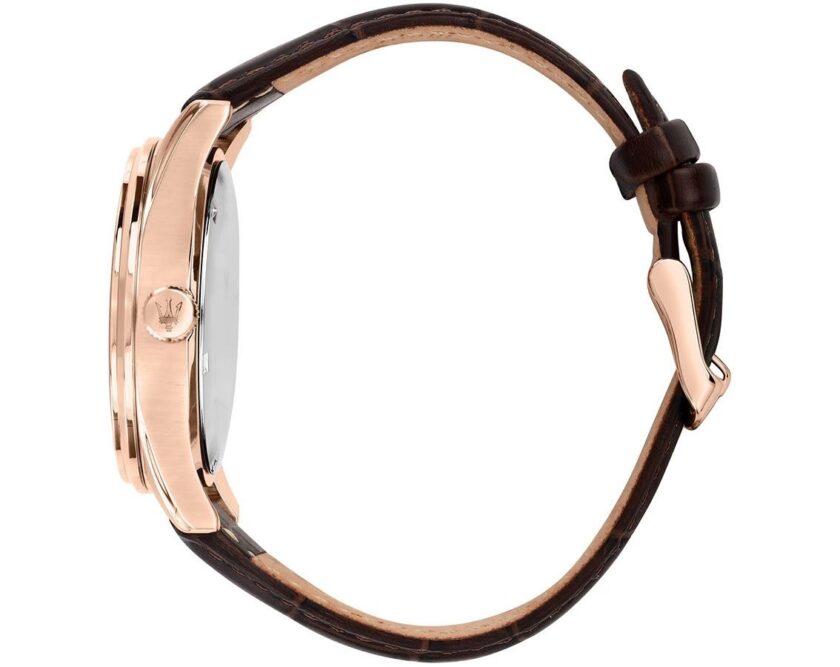 montre homme maserati sorpasso – r8851124002 – bracelet en cuir véritable – boîtier en acier inoxydable or rose – cadran argent sunray – résistante à l'eau 10 atm – 42 mm – boucle ardillon – mouvement analogique – emballage d'origine maserati