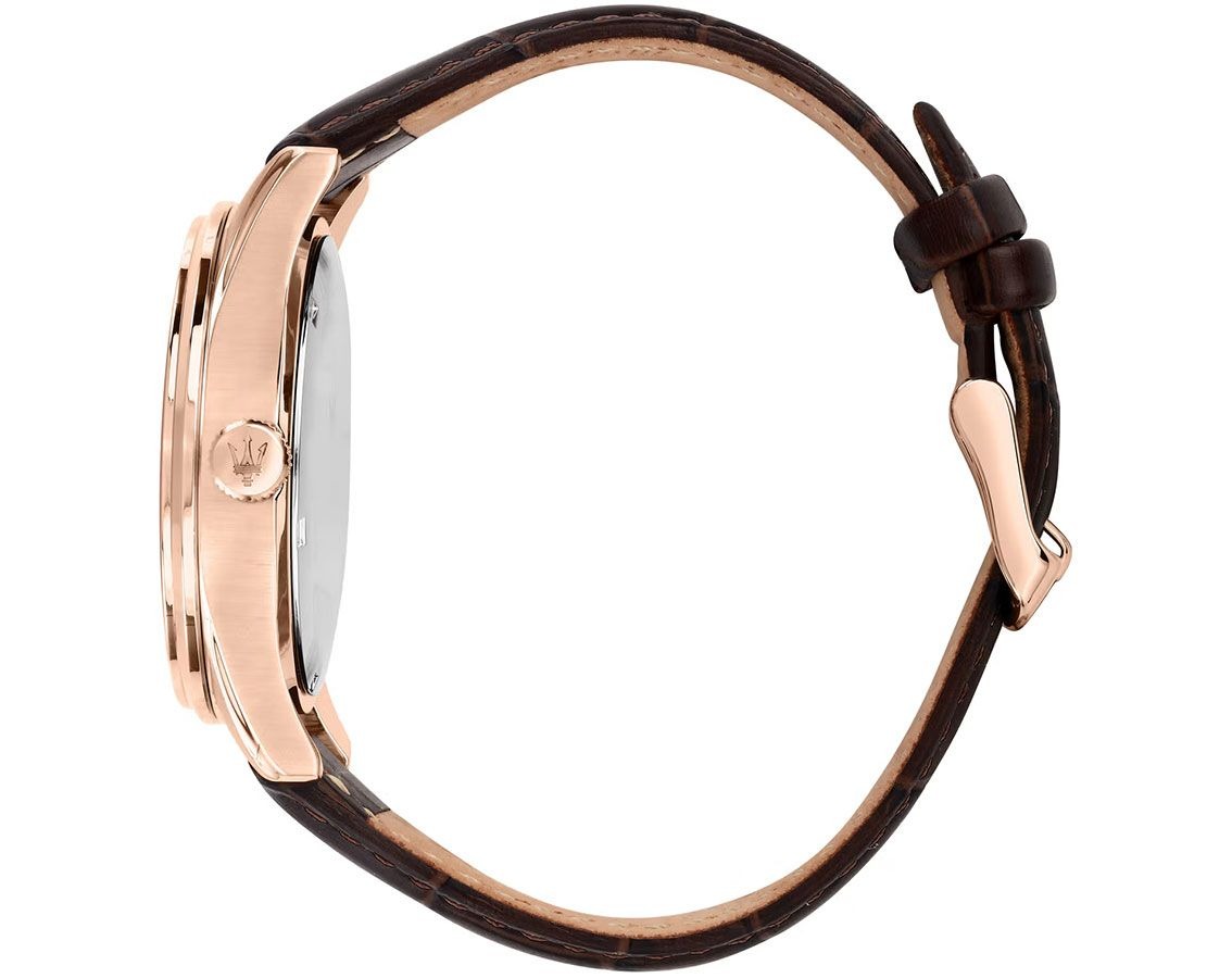 montre homme maserati sorpasso – r8851124002 – bracelet en cuir véritable – boîtier en acier inoxydable or rose – cadran argent sunray – résistante à l'eau 10 atm – 42 mm – boucle ardillon – mouvement analogique – emballage d'origine maserati