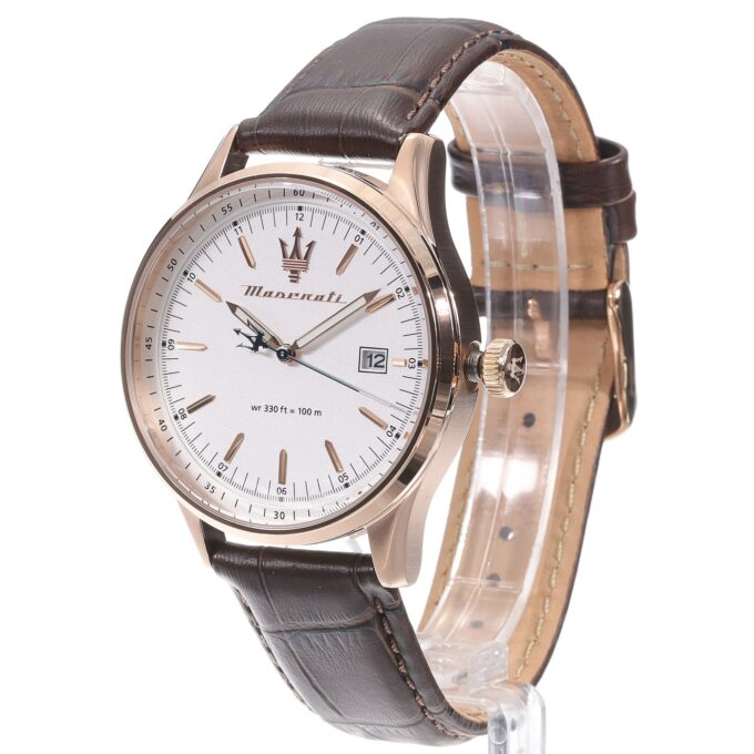 Montre Homme Maserati Sorpasso – R8851124002 – Bracelet en Cuir Véritable – Boîtier en Acier Inoxydable Or Rose – Cadran Argent Sunray – Résistante à l'Eau 10 ATM – 42 mm – Boucle Ardillon – Mouvement Analogique – Emballage d'Origine Maserati