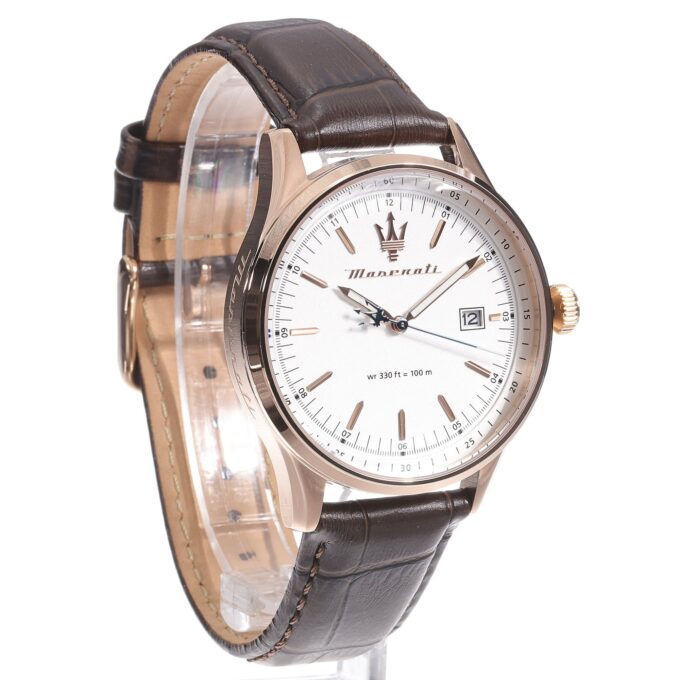 Montre Homme Maserati Sorpasso – R8851124002 – Bracelet en Cuir Véritable – Boîtier en Acier Inoxydable Or Rose – Cadran Argent Sunray – Résistante à l'Eau 10 ATM – 42 mm – Boucle Ardillon – Mouvement Analogique – Emballage d'Origine Maserati