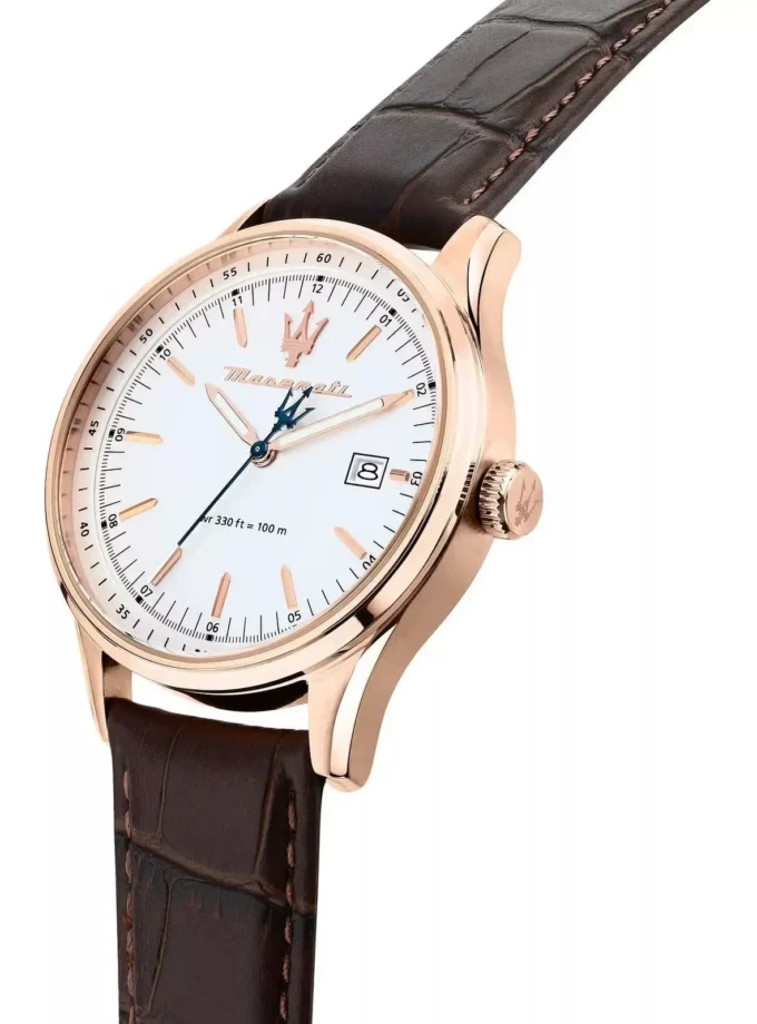 montre homme maserati sorpasso – r8851124002 – bracelet en cuir véritable – boîtier en acier inoxydable or rose – cadran argent sunray – résistante à l'eau 10 atm – 42 mm – boucle ardillon – mouvement analogique – emballage d'origine maserati