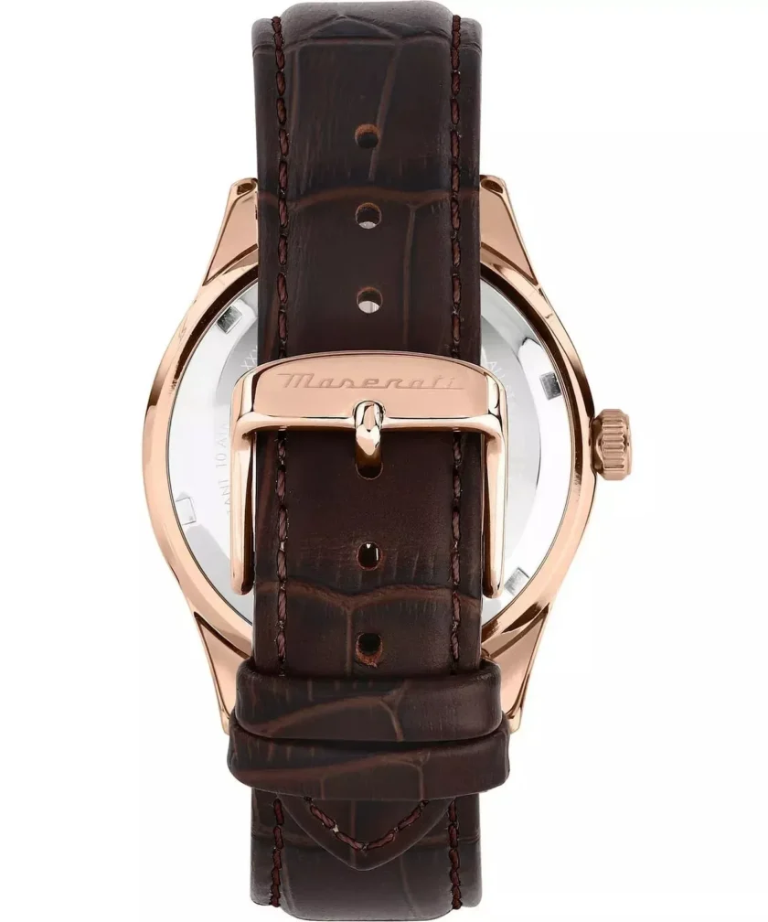 montre homme maserati sorpasso – r8851124002 – bracelet en cuir véritable – boîtier en acier inoxydable or rose – cadran argent sunray – résistante à l'eau 10 atm – 42 mm – boucle ardillon – mouvement analogique – emballage d'origine maserati