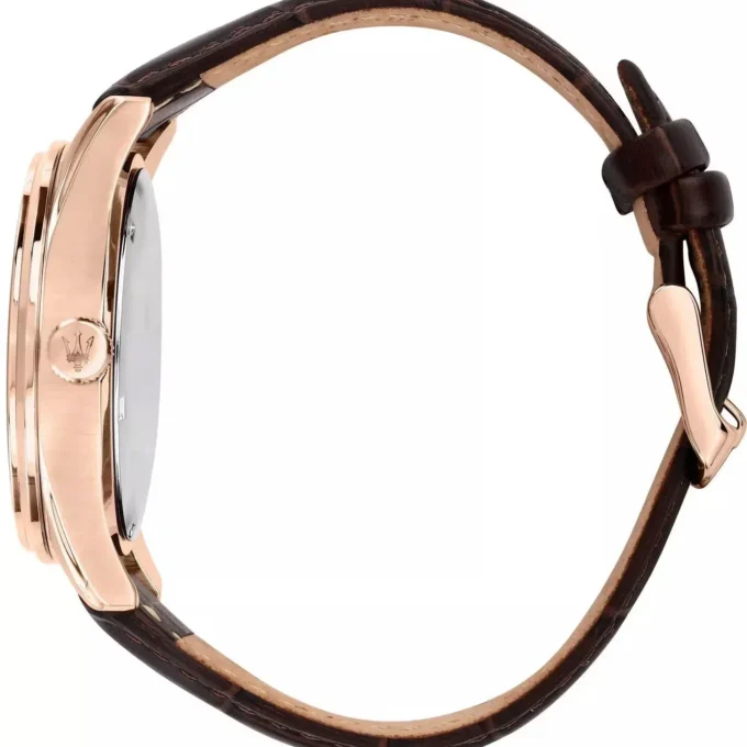 Montre Homme Maserati Sorpasso – R8851124002 – Bracelet en Cuir Véritable – Boîtier en Acier Inoxydable Or Rose – Cadran Argent Sunray – Résistante à l'Eau 10 ATM – 42 mm – Boucle Ardillon – Mouvement Analogique – Emballage d'Origine Maserati