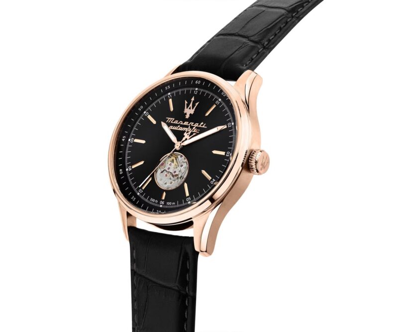 montre homme maserati sorpasso – r8821124001 – automatique – cadran à cœur ouvert – bracelet en cuir – couronne à vis – fréquence 21 600 – largeur de la patte 21 mm