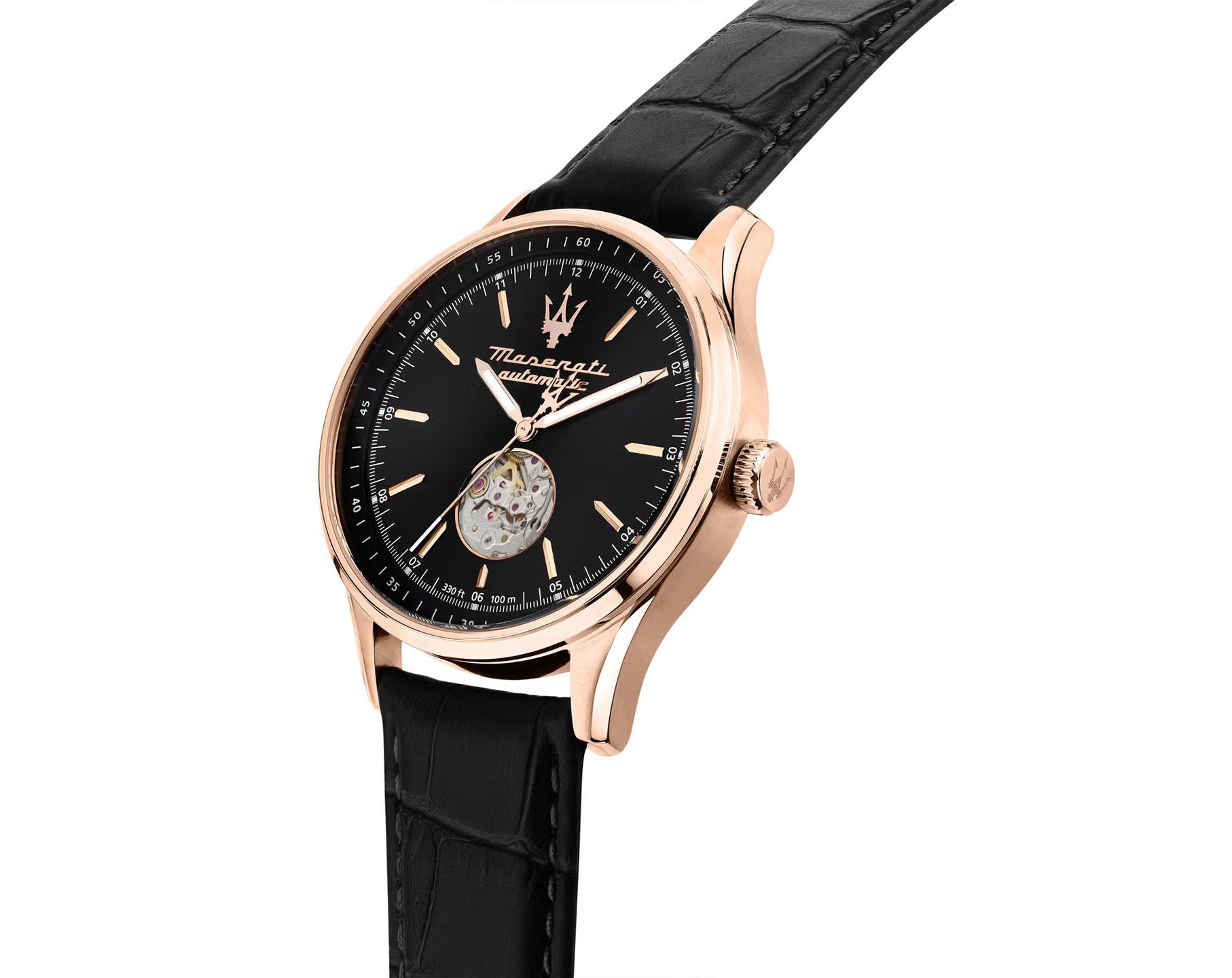 montre homme maserati sorpasso – r8821124001 – automatique – cadran à cœur ouvert – bracelet en cuir – couronne à vis – fréquence 21 600 – largeur de la patte 21 mm