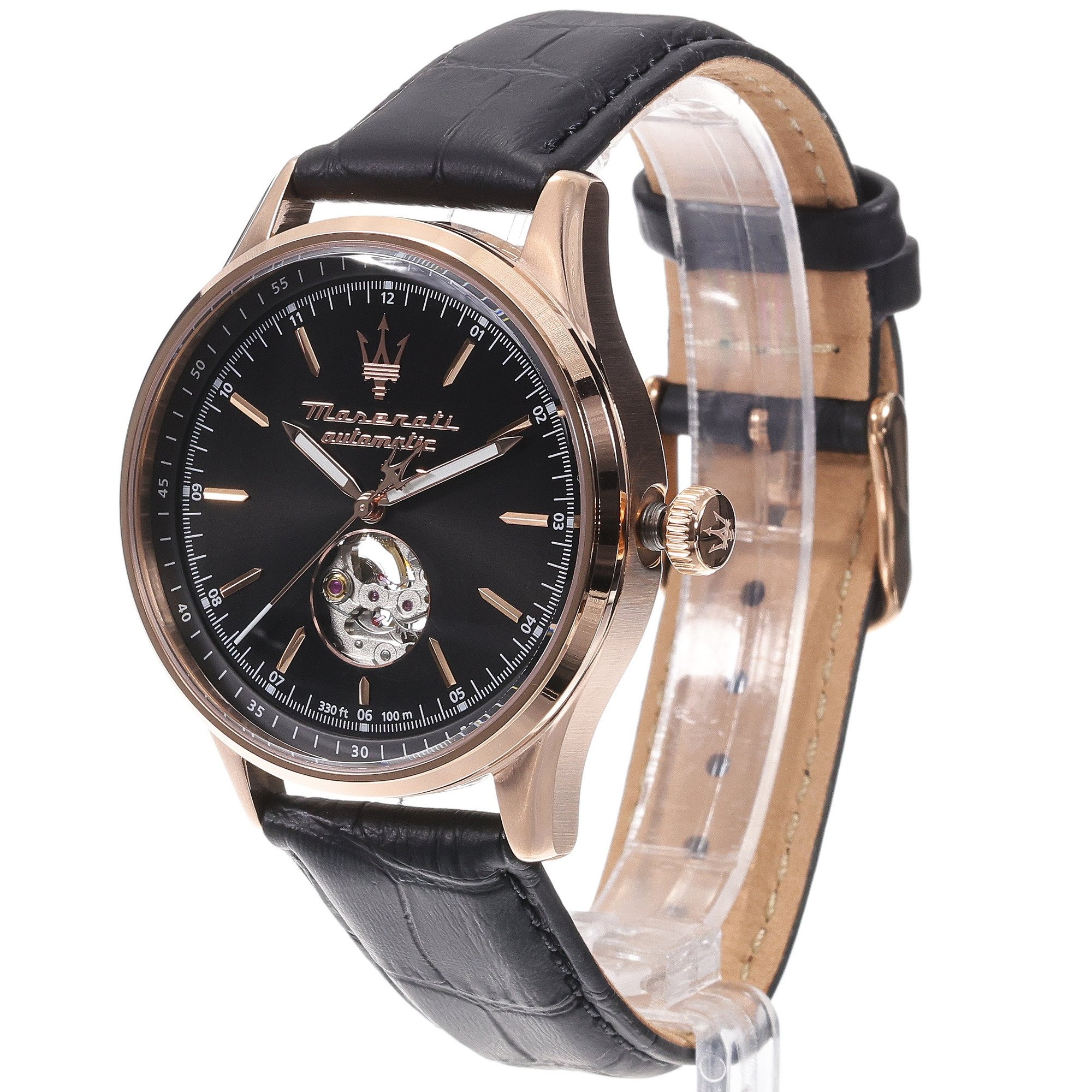 montre homme maserati sorpasso – r8821124001 – automatique – cadran à cœur ouvert – bracelet en cuir – couronne à vis – fréquence 21 600 – largeur de la patte 21 mm