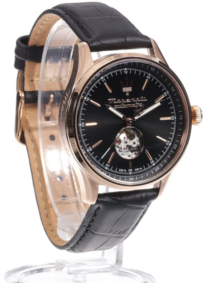montre homme maserati sorpasso – r8821124001 – automatique – cadran à cœur ouvert – bracelet en cuir – couronne à vis – fréquence 21 600 – largeur de la patte 21 mm
