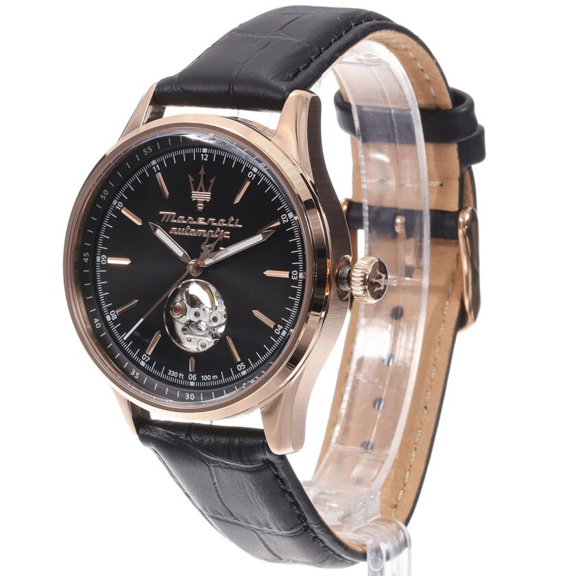 montre homme maserati sorpasso – r8821124001 – automatique – cadran à cœur ouvert – bracelet en cuir – couronne à vis – fréquence 21 600 – largeur de la patte 21 mm