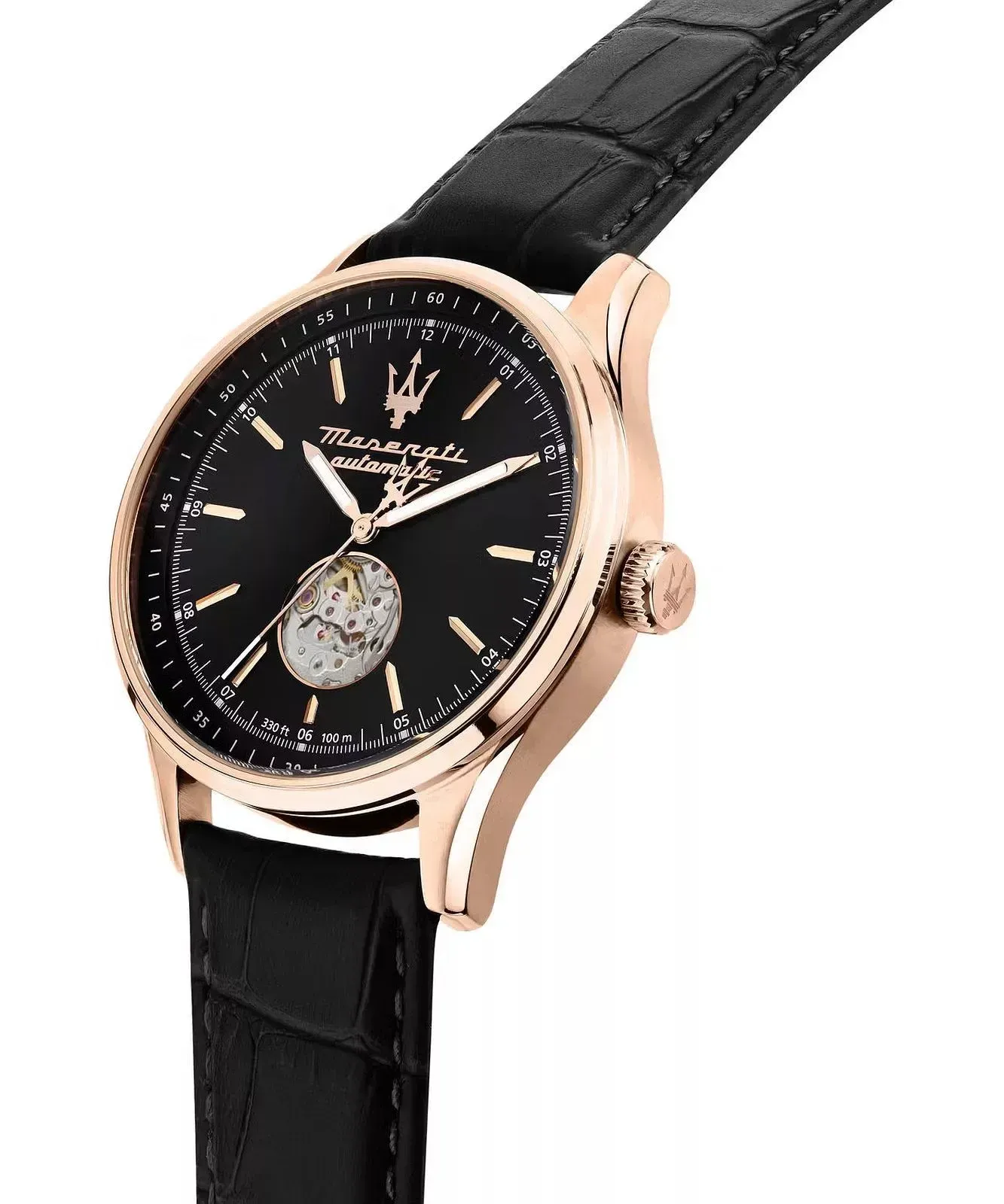 montre homme maserati sorpasso – r8821124001 – automatique – cadran à cœur ouvert – bracelet en cuir – couronne à vis – fréquence 21 600 – largeur de la patte 21 mm