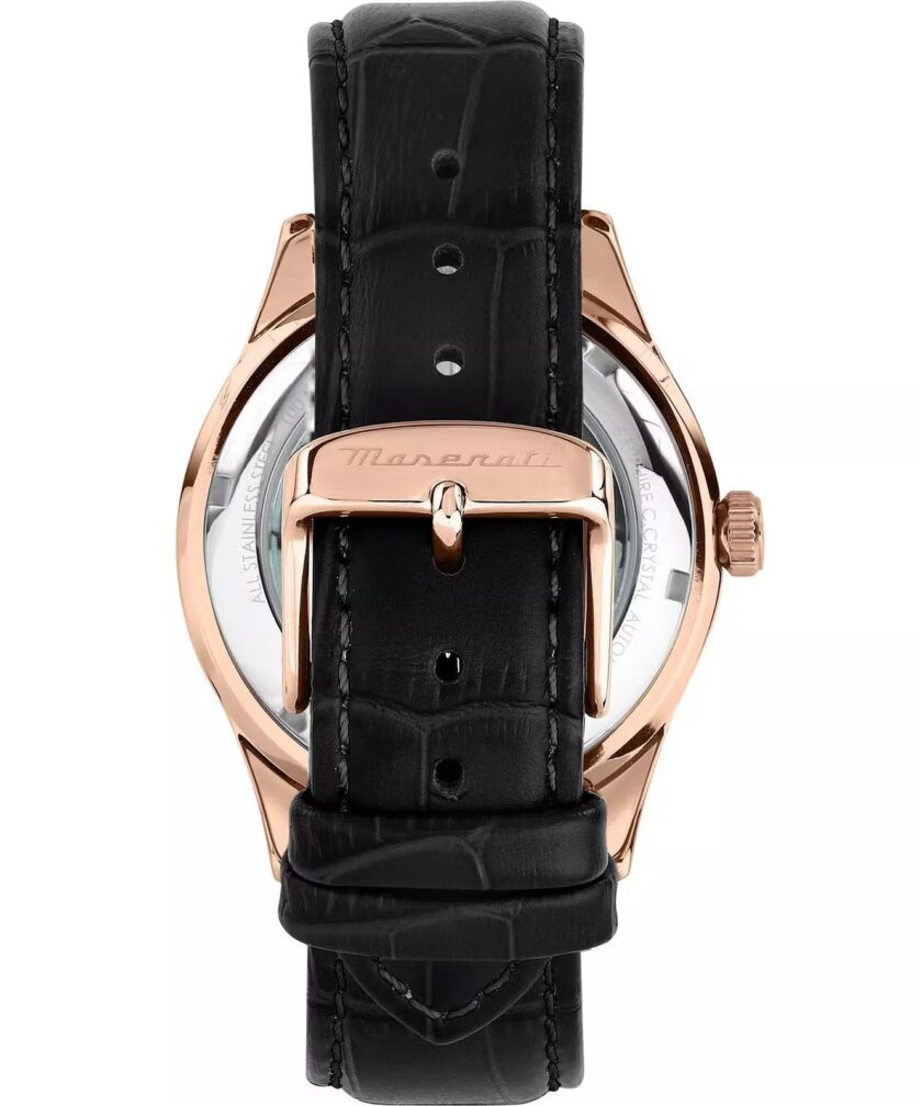 montre homme maserati sorpasso – r8821124001 – automatique – cadran à cœur ouvert – bracelet en cuir – couronne à vis – fréquence 21 600 – largeur de la patte 21 mm