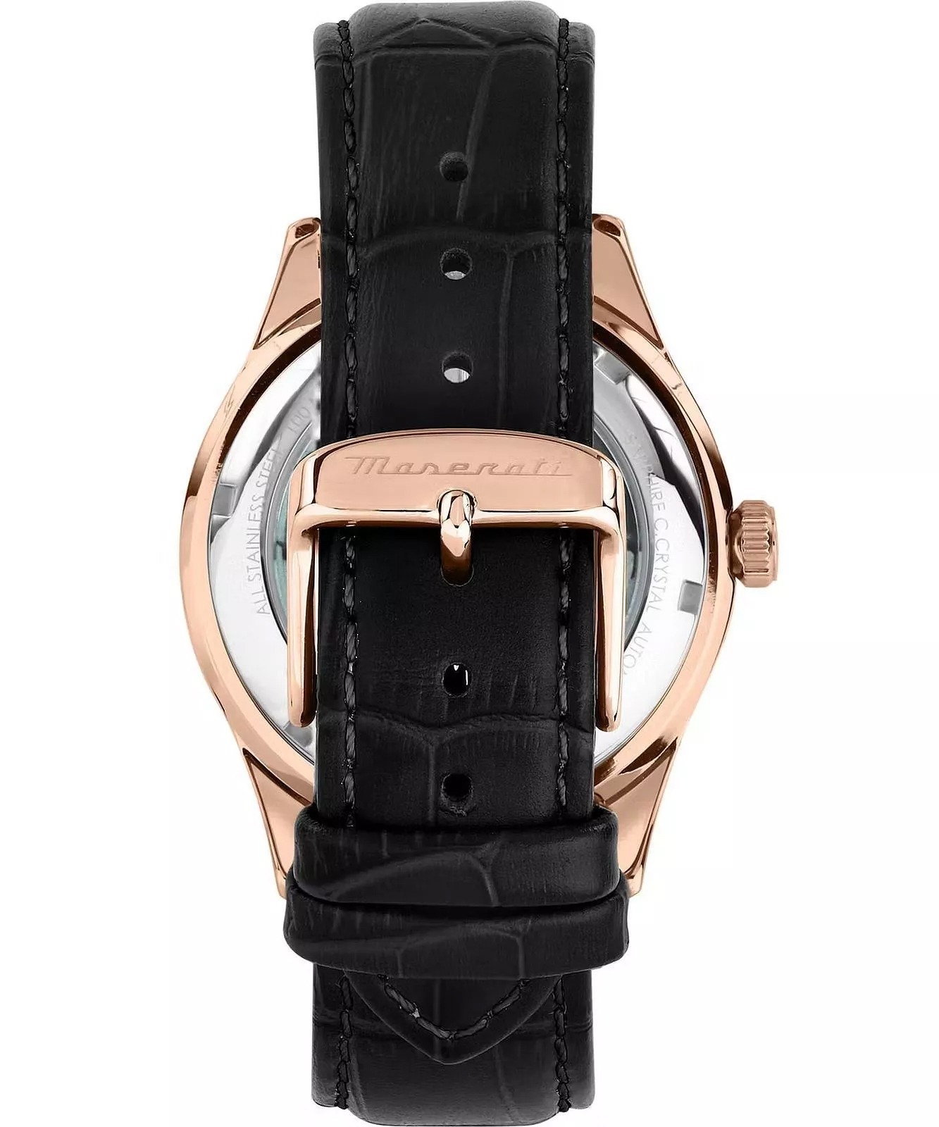 montre homme maserati sorpasso – r8821124001 – automatique – cadran à cœur ouvert – bracelet en cuir – couronne à vis – fréquence 21 600 – largeur de la patte 21 mm