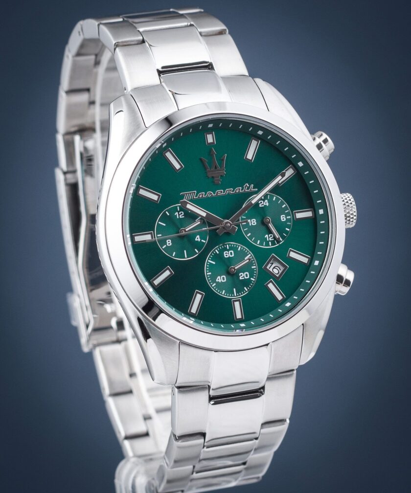 montre homme maserati attrazione – r8853151017 – boîtier acier inoxydable 43 mm – cadran vert sunray – mouvement analogique – bracelet acier inoxydable – pierre zircon noire – résistante à l’eau 5 atm – boucle déployante à sécurité – garantie maserati.