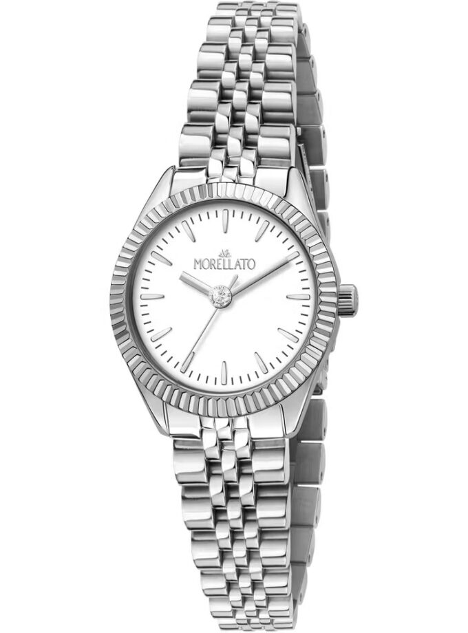 montre femme morellato magia – r0153165520 – boîtier acier inox 28 mm argenté – cadran blanc – bracelet métal argenté – mouvement quartz – résistante à l'eau 3 atm – garantie 2 ans – emballage original morellato.