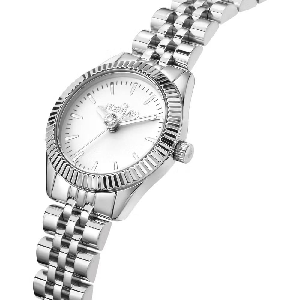 montre femme morellato magia – r0153165520 – boîtier acier inox 28 mm argenté – cadran blanc – bracelet métal argenté – mouvement quartz – résistante à l'eau 3 atm – garantie 2 ans – emballage original morellato.