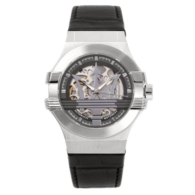 montre homme maserati potenza – r8821108038 – automatique – cadran 42 mm argenté – bracelet cuir noir – verre saphir – boucle ardillon – Étanchéité 100 mètres – garantie 2 ans – design Élégant avec trident central et rouages apparents verre saphir