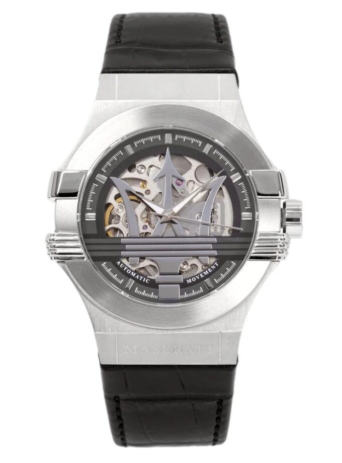 montre homme maserati potenza – r8821108038 – automatique – cadran 42 mm argenté – bracelet cuir noir – verre saphir – boucle ardillon – Étanchéité 100 mètres – garantie 2 ans – design Élégant avec trident central et rouages apparents verre saphir