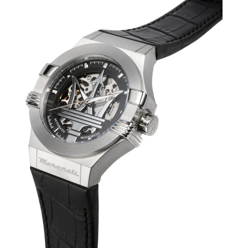 montre homme maserati potenza – r8821108038 – automatique – cadran 42 mm argenté – bracelet cuir noir – verre saphir – boucle ardillon – Étanchéité 100 mètres – garantie 2 ans – design Élégant avec trident central et rouages apparents verre saphir