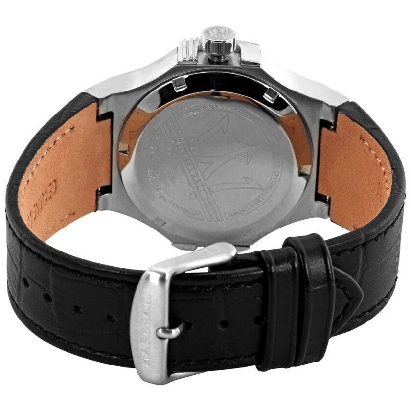 montre homme maserati potenza – r8821108038 – automatique – cadran 42 mm argenté – bracelet cuir noir – verre saphir – boucle ardillon – Étanchéité 100 mètres – garantie 2 ans – design Élégant avec trident central et rouages apparents verre saphir