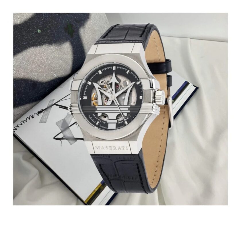 montre homme maserati potenza – r8821108038 – automatique – cadran 42 mm argenté – bracelet cuir noir – verre saphir – boucle ardillon – Étanchéité 100 mètres – garantie 2 ans – design Élégant avec trident central et rouages apparents verre saphir