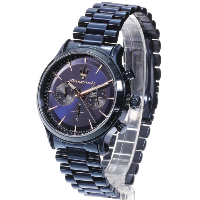 montre homme maserati epoca blue edition – r8873618032 – chronographe 42 mm – boîtier acier inoxydable bleu poli – mouvement quartz – cadran bleu avec aiguilles luminescentes – bracelet acier inoxydable bleu – Étanchéité 10 atm – boucle pliante – garantie 2 ans