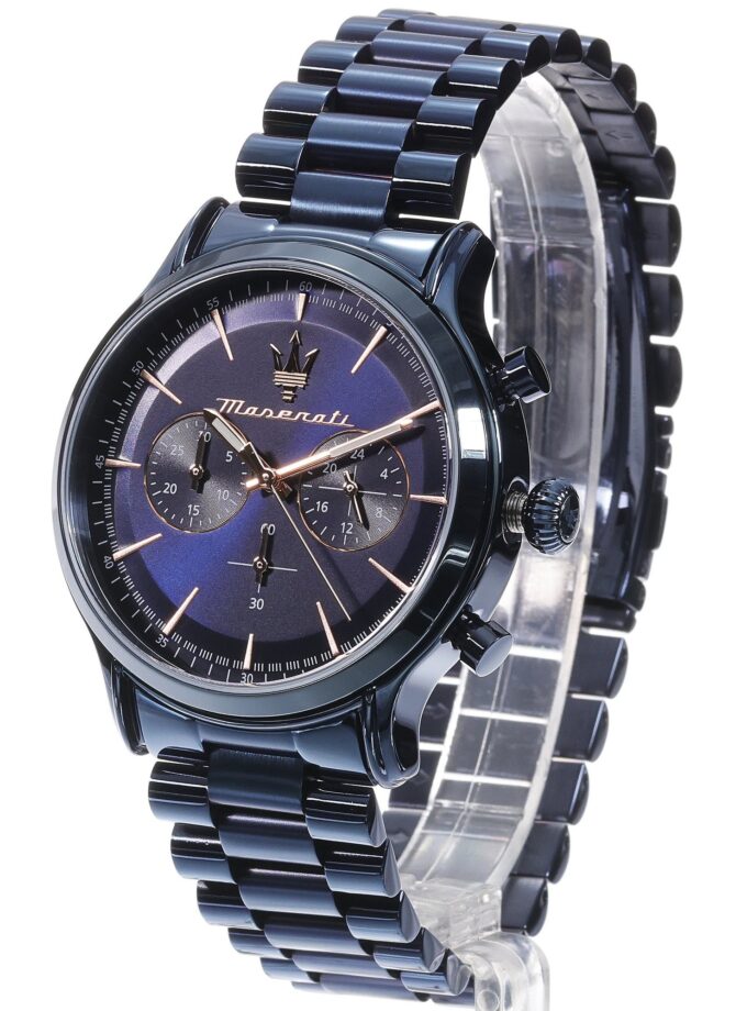 montre homme maserati epoca blue edition – r8873618032 – chronographe 42 mm – boîtier acier inoxydable bleu poli – mouvement quartz – cadran bleu avec aiguilles luminescentes – bracelet acier inoxydable bleu – Étanchéité 10 atm – boucle pliante – garantie 2 ans