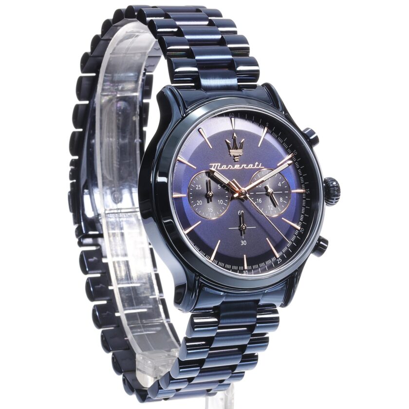 montre homme maserati epoca blue edition – r8873618032 – chronographe 42 mm – boîtier acier inoxydable bleu poli – mouvement quartz – cadran bleu avec aiguilles luminescentes – bracelet acier inoxydable bleu – Étanchéité 10 atm – boucle pliante – garantie 2 ans