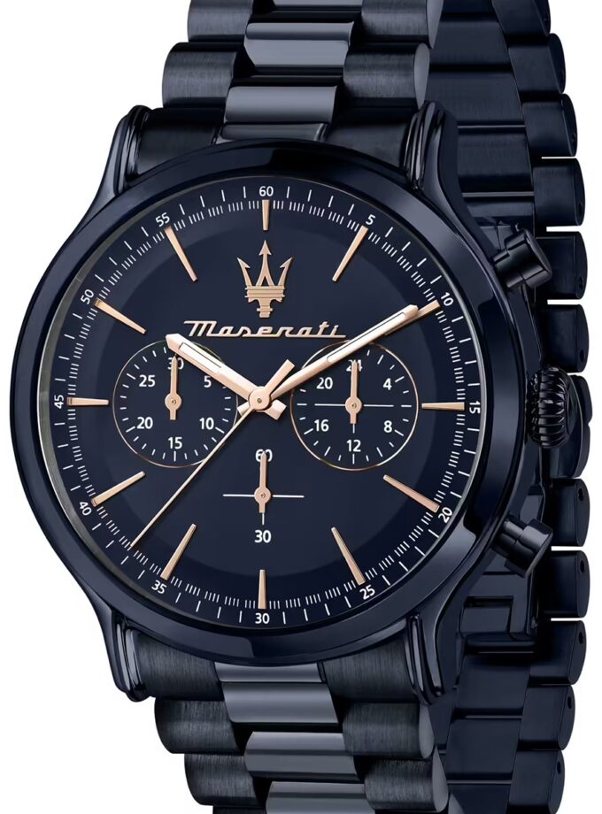 Montre Homme Maserati Epoca Blue Edition – R8873618032 – Chronographe 42 mm – Boîtier Acier Inoxydable Bleu Poli – Mouvement Quartz – Cadran Bleu avec Aiguilles Luminescentes – Bracelet Acier Inoxydable Bleu – Étanchéité 10 ATM – Boucle Pliante – Garantie 2 Ans