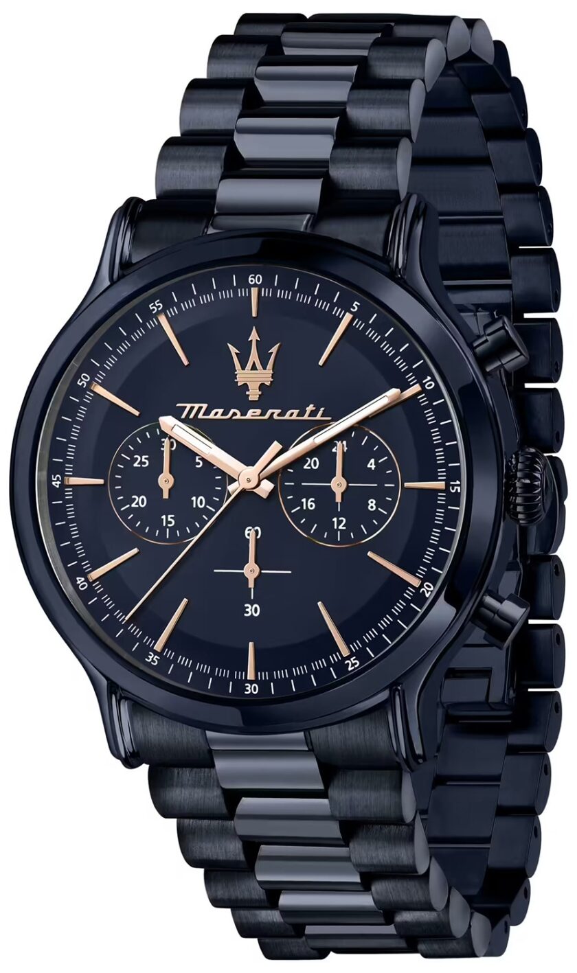 montre homme maserati epoca blue edition – r8873618032 – chronographe 42 mm – boîtier acier inoxydable bleu poli – mouvement quartz – cadran bleu avec aiguilles luminescentes – bracelet acier inoxydable bleu – Étanchéité 10 atm – boucle pliante – garantie 2 ans