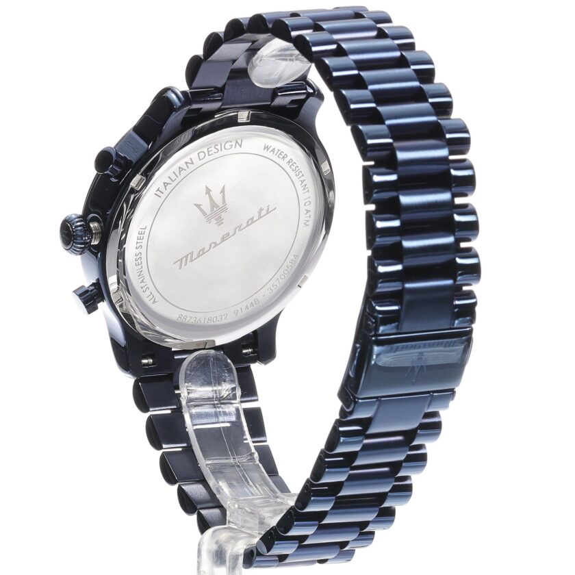 montre homme maserati epoca blue edition – r8873618032 – chronographe 42 mm – boîtier acier inoxydable bleu poli – mouvement quartz – cadran bleu avec aiguilles luminescentes – bracelet acier inoxydable bleu – Étanchéité 10 atm – boucle pliante – garantie 2 ans