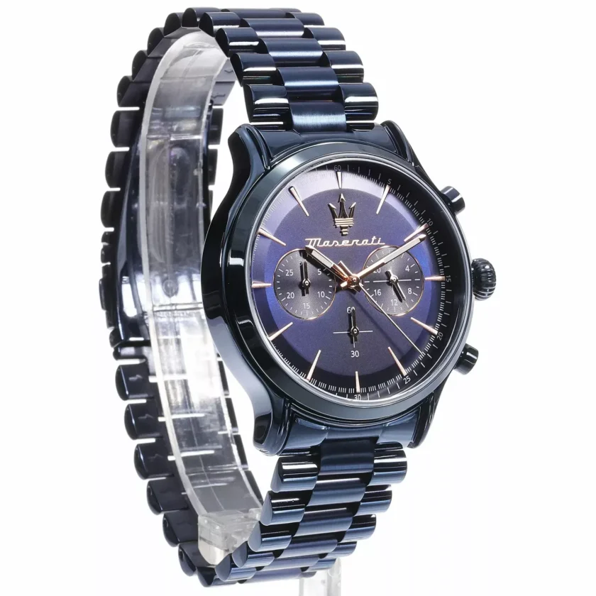 montre homme maserati epoca blue edition – r8873618032 – chronographe 42 mm – boîtier acier inoxydable bleu poli – mouvement quartz – cadran bleu avec aiguilles luminescentes – bracelet acier inoxydable bleu – Étanchéité 10 atm – boucle pliante – garantie 2 ans