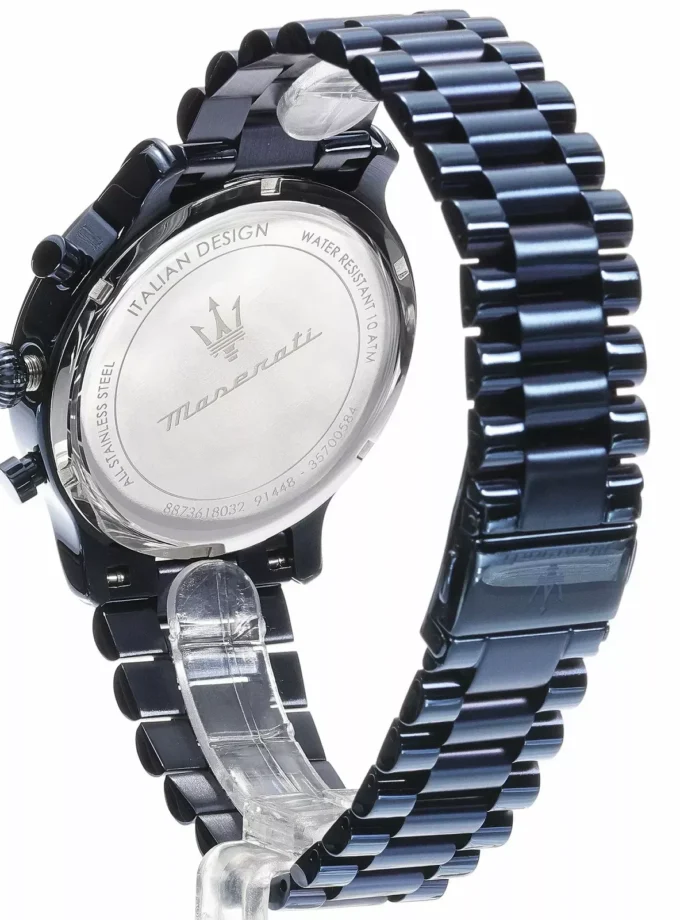 Montre Homme Maserati Epoca Blue Edition – R8873618032 – Chronographe 42 mm – Boîtier Acier Inoxydable Bleu Poli – Mouvement Quartz – Cadran Bleu avec Aiguilles Luminescentes – Bracelet Acier Inoxydable Bleu – Étanchéité 10 ATM – Boucle Pliante – Garantie 2 Ans
