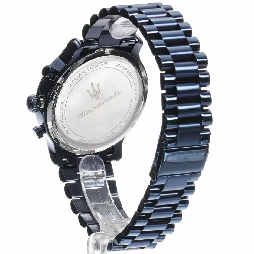 montre homme maserati epoca blue edition – r8873618032 – chronographe 42 mm – boîtier acier inoxydable bleu poli – mouvement quartz – cadran bleu avec aiguilles luminescentes – bracelet acier inoxydable bleu – Étanchéité 10 atm – boucle pliante – garantie 2 ans