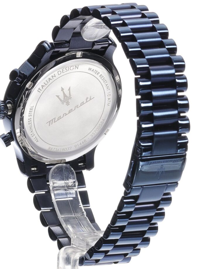 Montre Homme Maserati Epoca Blue Edition – R8873618032 – Chronographe 42 mm – Boîtier Acier Inoxydable Bleu Poli – Mouvement Quartz – Cadran Bleu avec Aiguilles Luminescentes – Bracelet Acier Inoxydable Bleu – Étanchéité 10 ATM – Boucle Pliante – Garantie 2 Ans