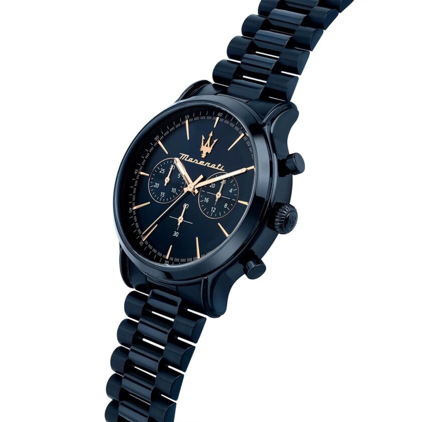 montre homme maserati epoca blue edition – r8873618032 – chronographe 42 mm – boîtier acier inoxydable bleu poli – mouvement quartz – cadran bleu avec aiguilles luminescentes – bracelet acier inoxydable bleu – Étanchéité 10 atm – boucle pliante – garantie 2 ans
