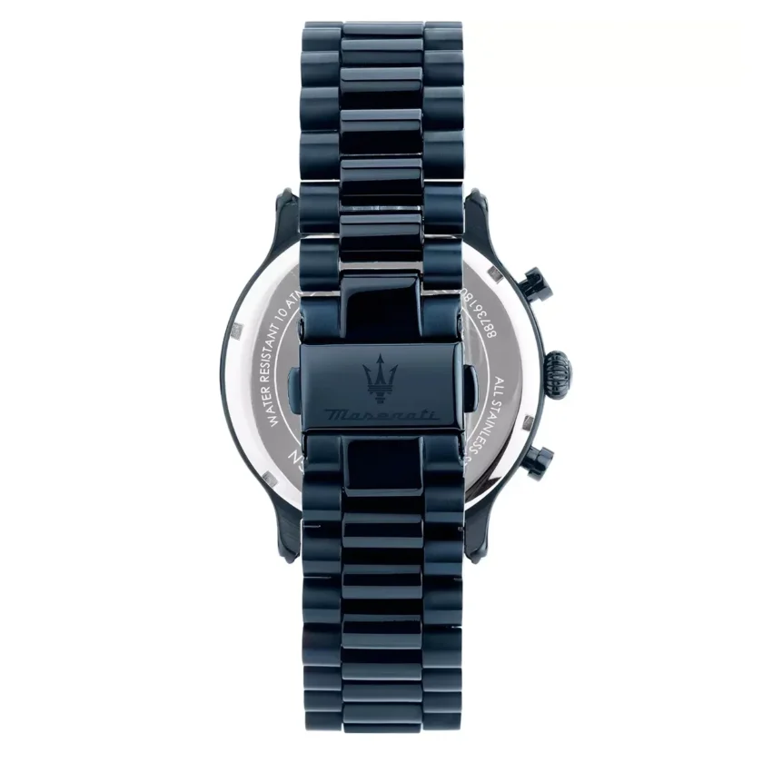 montre homme maserati epoca blue edition – r8873618032 – chronographe 42 mm – boîtier acier inoxydable bleu poli – mouvement quartz – cadran bleu avec aiguilles luminescentes – bracelet acier inoxydable bleu – Étanchéité 10 atm – boucle pliante – garantie 2 ans