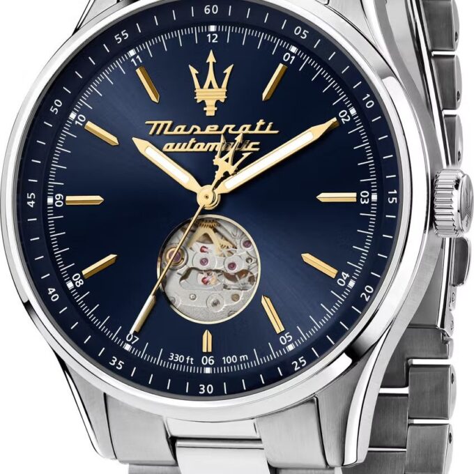 Montre Homme Maserati Sorpasso – R8823124002 – Automatique – Cadran 42 mm Bleu avec Cœur Ouvert – Bracelet Acier Argenté – Boucle Déployante – Verre Minéral – Étanchéité 100 Mètres (10 ATM) – Garantie 2 Ans – Design Sportif et Chic